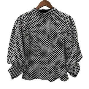 CQ By CQ Blouse Womens Medium Silver Glitter Polka Dot Mock Neck Balloon Sleeve